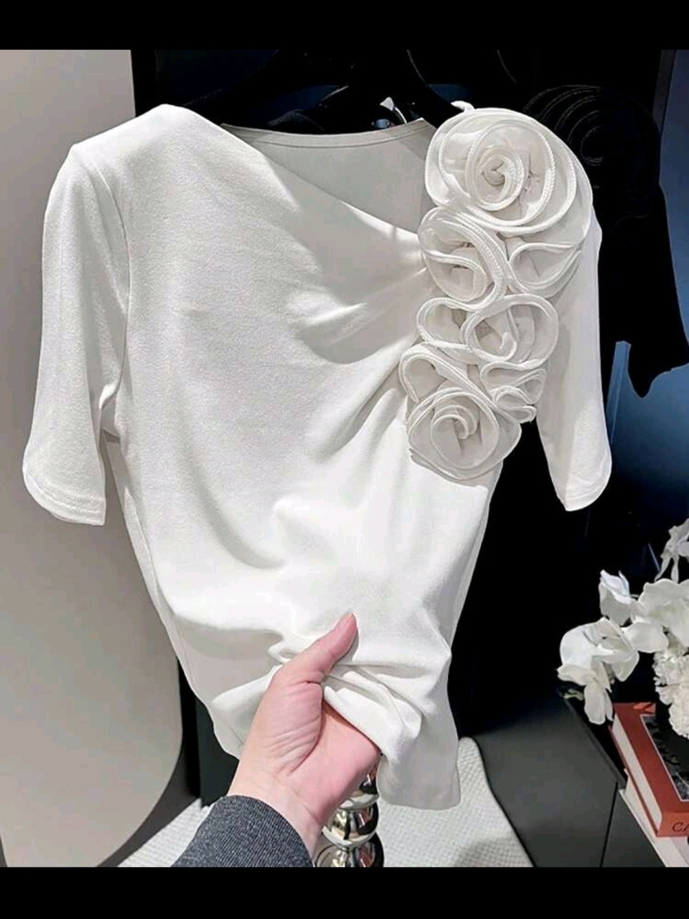 Elegant White Floral-Appliqué Women's Top